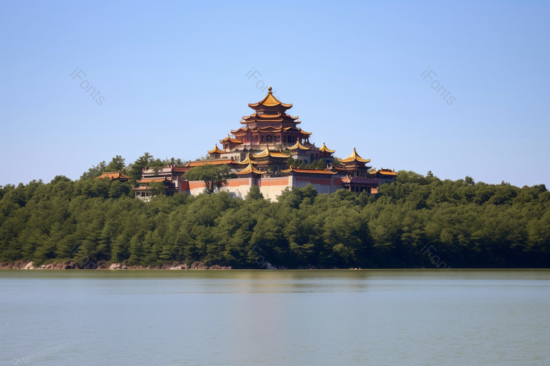 河道旁雄伟壮观的古代建筑优美的风景,高清,摄影图,摄影图片,图片大全,摄影图免费下载